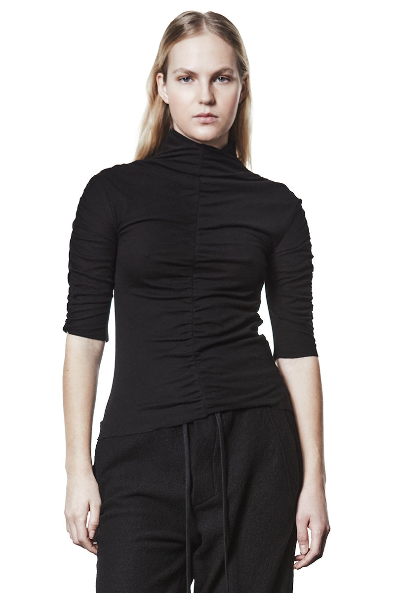 WOOL BLEND GATHERED ROLL NECK SHIRT