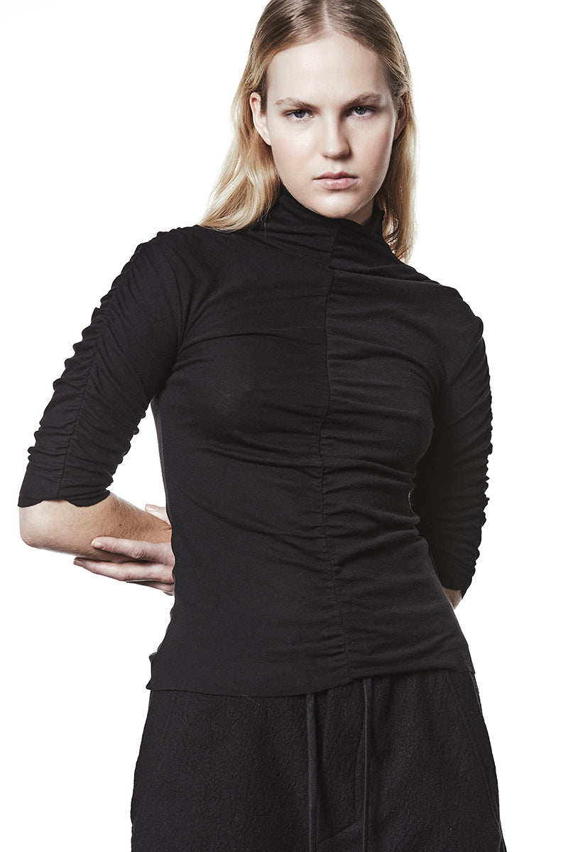 WOOL BLEND GATHERED ROLL NECK SHIRT