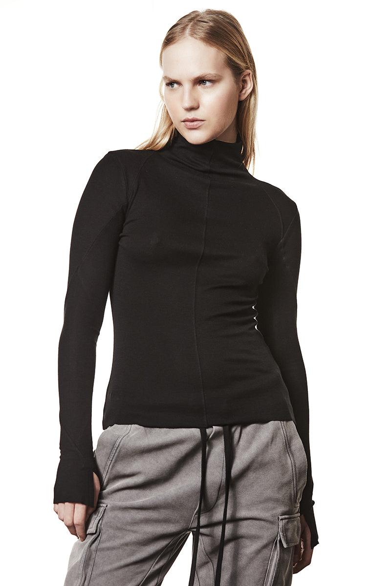 BLACK GATHERED ROLL NECK L/S TOP