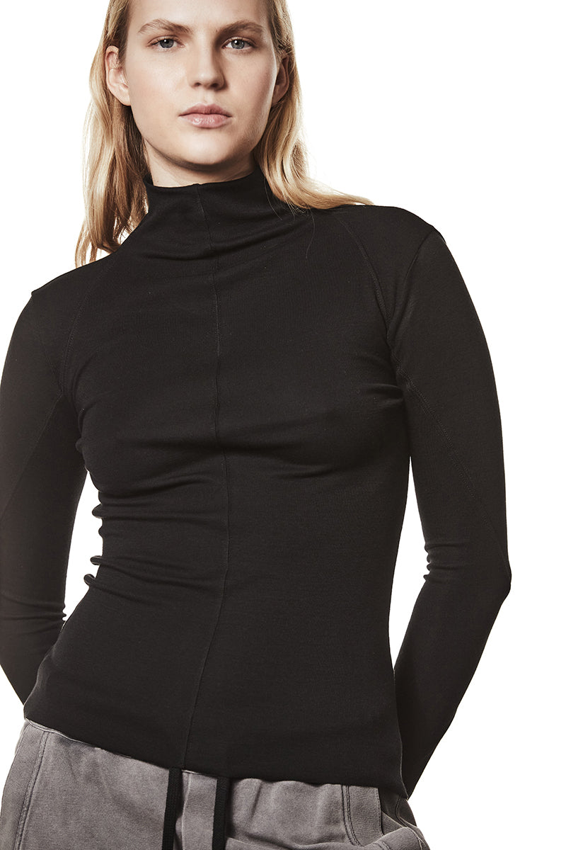 BLACK GATHERED ROLL NECK L/S TOP