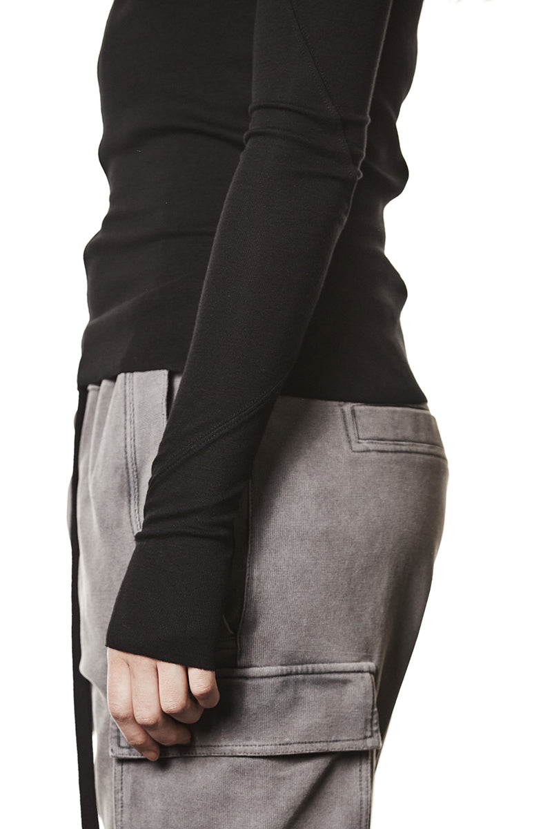 BLACK GATHERED ROLL NECK L/S TOP