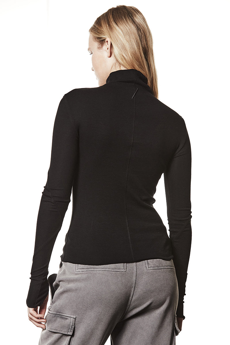 BLACK GATHERED ROLL NECK L/S TOP