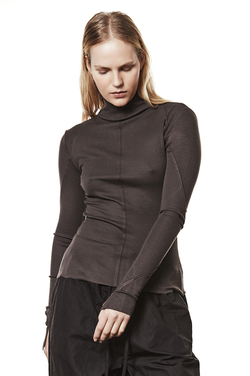 NIGHT BROWN GATHERED ROLL NECK L/S TOP