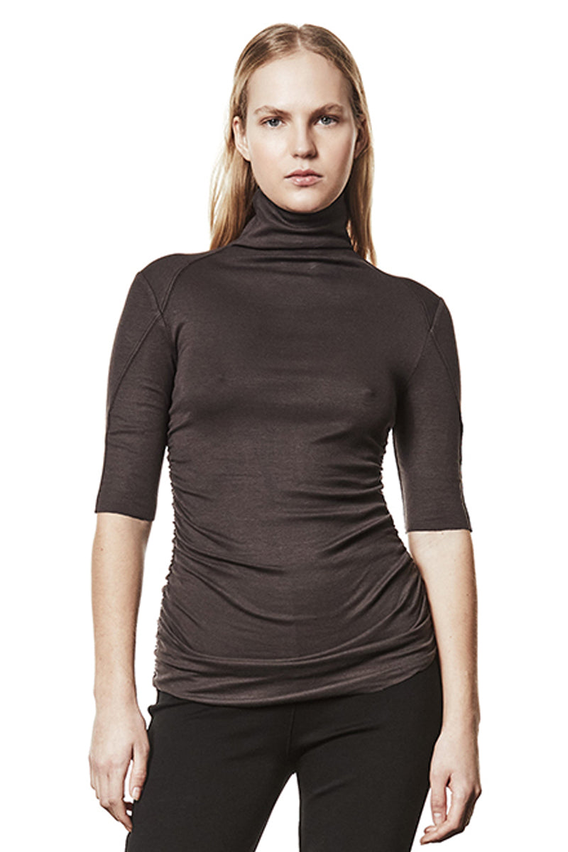 NIGHT BROWN GATHERED ROLL NECK TEE